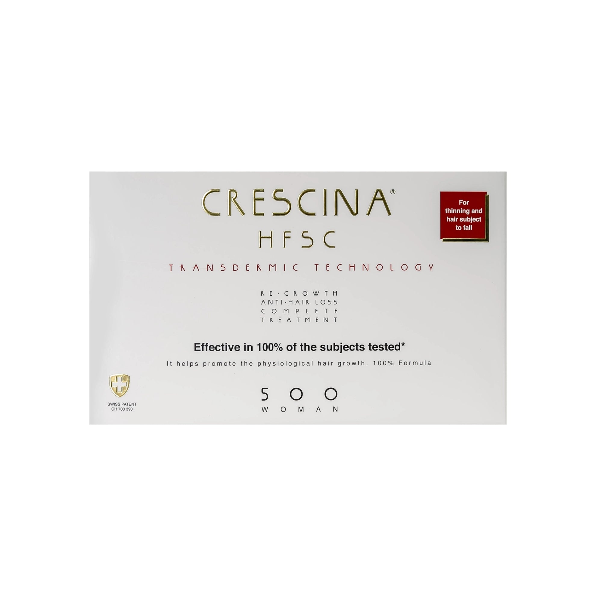 A box of Crescina HFSC Transdermic Complete Treatment ampoules, with one side showing the product name and the number of vials, indicating it is a treatment for women.