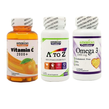بكج المناعة (أميريكان كريشين فيتامين سي +اوميغا 3 30 كبسولة + A to z فيتامينات شاملة ) 