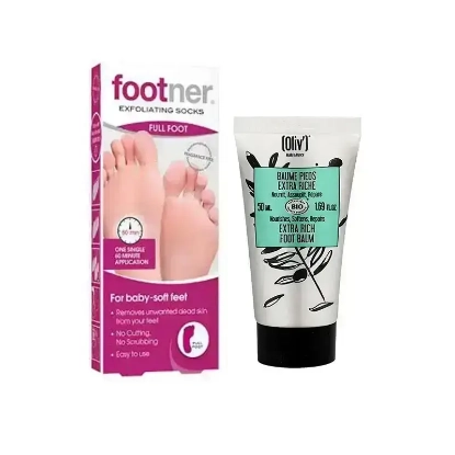 Footner Exfoliating Socks + Oliv Foot Balm Offer Package